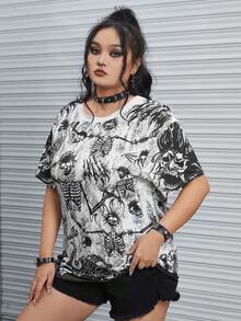 ROMWE Grunge Punk Plus Skull Print Drop Shoulder Tee - Multicolor - View 4