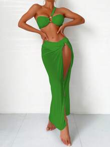 Ring Linked One Shoulder Bikini Set For Summer With Beach Skirt - Green - View 1