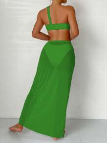 Ring Linked One Shoulder Bikini Set For Summer With Beach Skirt - Green - View 2