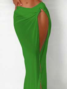 Ring Linked One Shoulder Bikini Set For Summer With Beach Skirt - Green - View 3