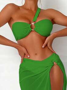 Ring Linked One Shoulder Bikini Set For Summer With Beach Skirt - Green - View 4