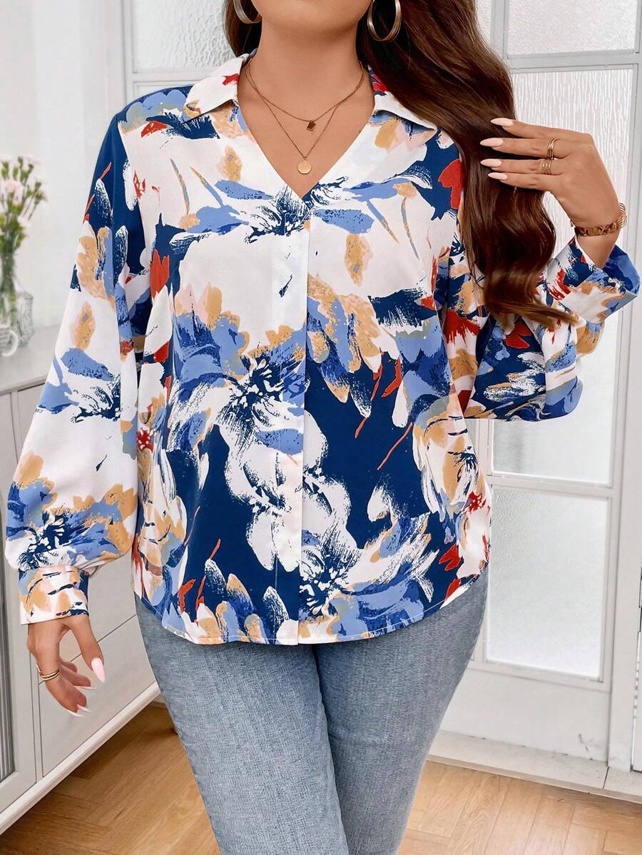 SHEIN Holidaya Plus Allover Print Lantern Sleeve Shirt - Multicolor - View 1