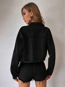 SHEIN Fringe Trim Raw Hem Crop Denim Jacket - Black - View 2