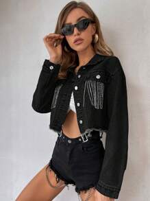 SHEIN Fringe Trim Raw Hem Crop Denim Jacket - Black - View 3