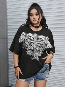 ROMWE Grunge Punk 大碼骷髅頭圖案落肩T恤 - 黑色 - 查看 1