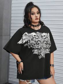 ROMWE Grunge Punk 大碼骷髅頭圖案落肩T恤 - 黑色 - 查看 3