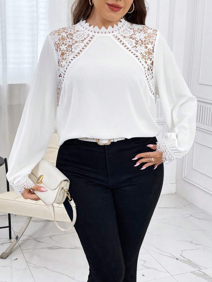 SHEIN Privé Plus Guipure Lace Insert Lantern Sleeve Blouse - White - View 1