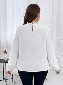 SHEIN Privé Plus Guipure Lace Insert Lantern Sleeve Blouse - White - View 2