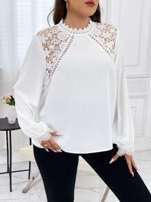 SHEIN Privé Plus Guipure Lace Insert Lantern Sleeve Blouse - White - View 3