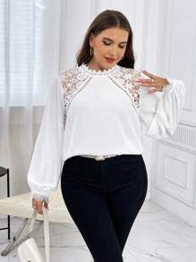 SHEIN Privé Plus Guipure Lace Insert Lantern Sleeve Blouse - White - View 4