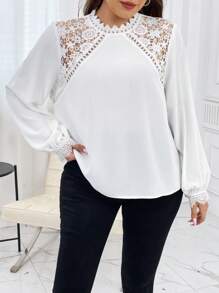 SHEIN Privé Plus Guipure Lace Insert Lantern Sleeve Blouse - White - View 5