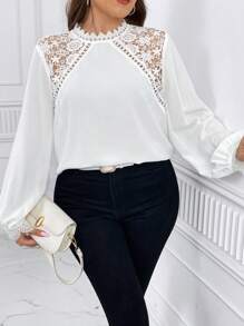 SHEIN Privé Plus Guipure Lace Insert Lantern Sleeve Blouse - White - View 6