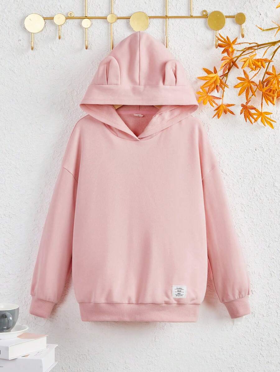 SHEIN 少女字母贴布3D耳朵设计卫衣 - 淺粉色 - 查看 1