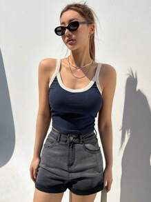 DAZY Contrast Binding Crop Cami Top - Navy Blue - View 4