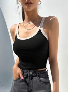 DAZY Top de tirantes crop unido en contraste - Negro - Ver 3