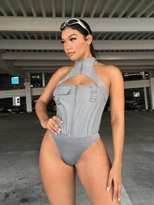 SHEIN SXY Cut Out Front Halter Neck Bodysuit - Grey - View 3