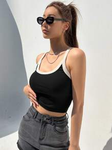 DAZY Top de tirantes crop unido en contraste - Negro - Ver 4