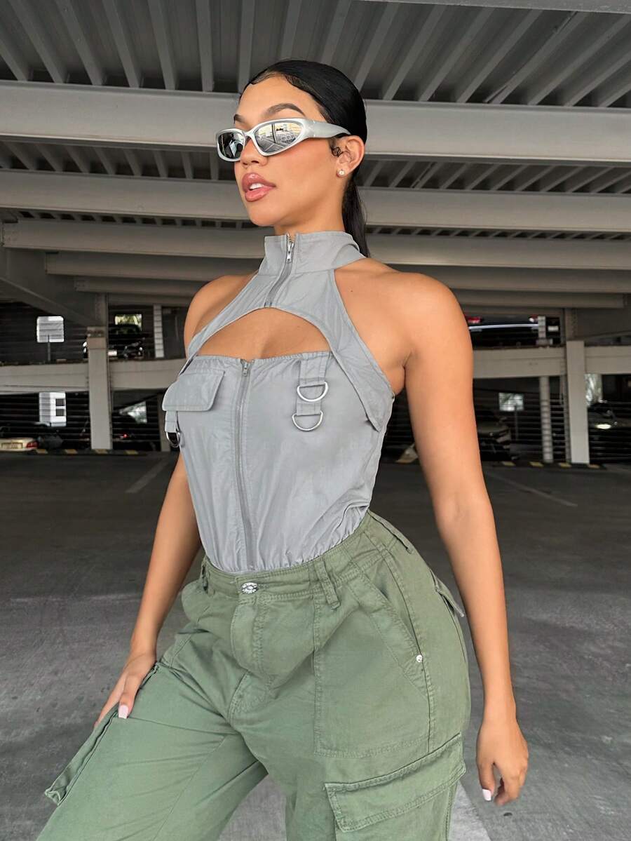 SHEIN SXY Cut Out Front Halter Neck Bodysuit - Grey - View 1