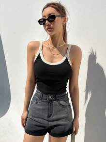 DAZY Top de tirantes crop unido en contraste - Negro - Ver 6