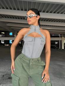 SHEIN SXY Cut Out Front Halter Neck Bodysuit - Grey - View 6