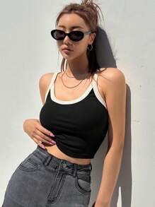 DAZY Top de tirantes crop unido en contraste - Negro - Ver 8