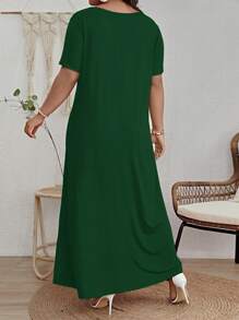 SHEIN VCAY Plus Size Solid Scoop Neck Dress - Olive Green - View 2