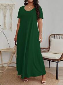 SHEIN VCAY Plus Size Solid Scoop Neck Dress - Olive Green - View 4