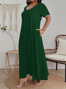 SHEIN VCAY Plus Size Solid Scoop Neck Dress - Olive Green - View 5