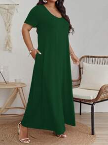 SHEIN VCAY Plus Size Solid Scoop Neck Dress - Olive Green - View 6