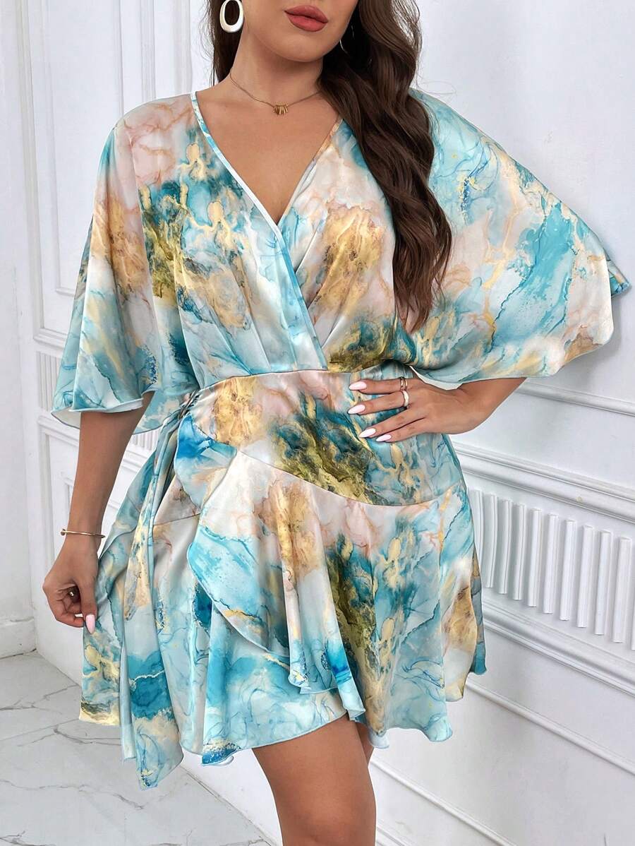 SHEIN Privé Plus Marble Print Batwing Sleeve Ruffle Trim Wrap Knot Side Dress - Multicolor - View 1