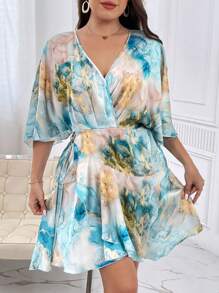SHEIN Privé Plus Marble Print Batwing Sleeve Ruffle Trim Wrap Knot Side Dress - Multicolor - View 3