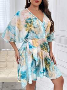 SHEIN Privé Plus Marble Print Batwing Sleeve Ruffle Trim Wrap Knot Side Dress - Multicolor - View 4