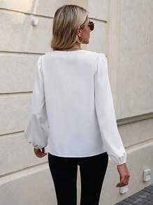 SHEIN Clasi Blusa ribete con fruncido de manga farol - Blanco - Ver 2