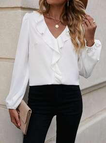 SHEIN Clasi Blusa ribete con fruncido de manga farol - Blanco - Ver 5
