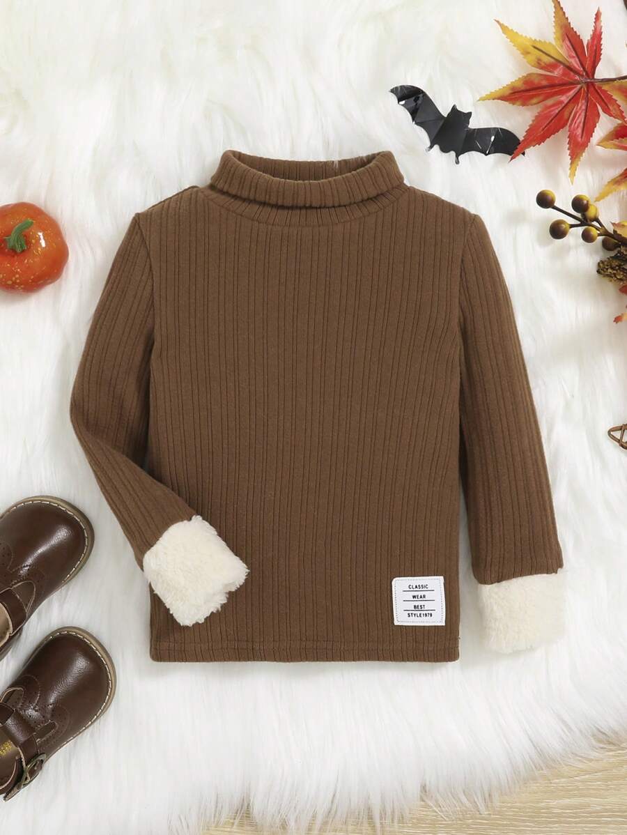 SHEIN 女婴休闲针织保暖衬里高领上衣，中等厚度 - 咖啡棕 - 查看 1