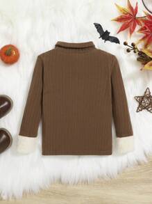 SHEIN 女婴休闲针织保暖衬里高领上衣，中等厚度 - 咖啡棕 - 查看 2