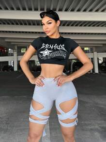 SHEIN SXY Lace Up Back Cycling Shorts - Light Grey - View 5