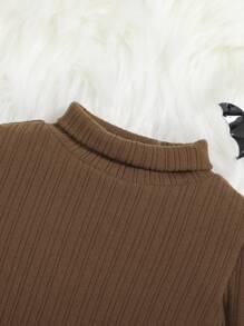 SHEIN 女婴休闲针织保暖衬里高领上衣，中等厚度 - 咖啡棕 - 查看 4