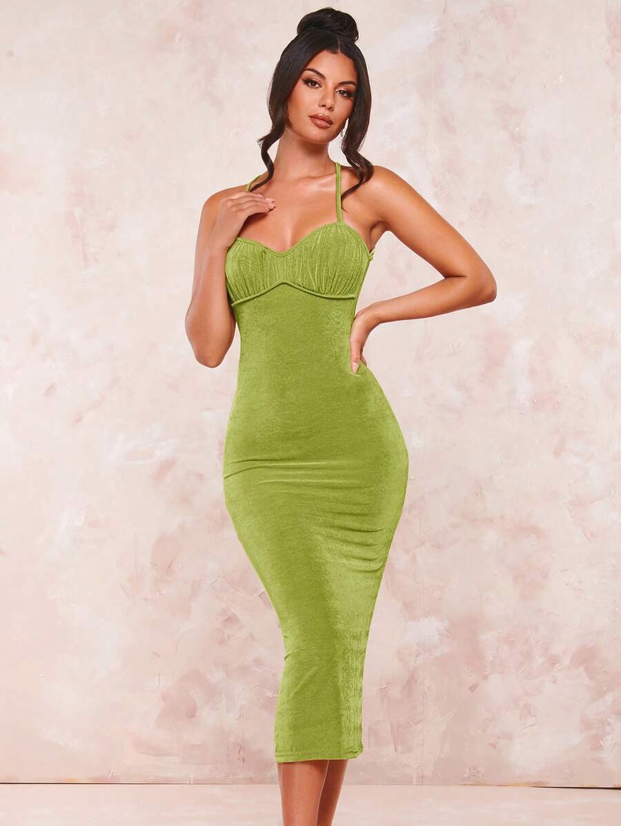 SHEIN BAE Đầm Lộ Lưng Hội Chữ thập Nếp gấp Phần Ngực màu trơn Gợi cảm - Màu xanh chanh - Xem 1