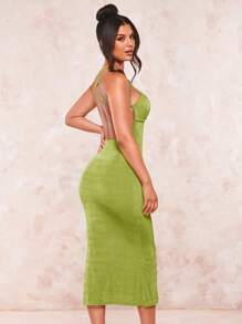 SHEIN BAE Đầm Lộ Lưng Hội Chữ thập Nếp gấp Phần Ngực màu trơn Gợi cảm - Màu xanh chanh - Xem 2