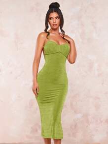 SHEIN BAE Đầm Lộ Lưng Hội Chữ thập Nếp gấp Phần Ngực màu trơn Gợi cảm - Màu xanh chanh - Xem 3