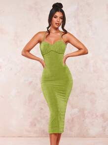 SHEIN BAE Đầm Lộ Lưng Hội Chữ thập Nếp gấp Phần Ngực màu trơn Gợi cảm - Màu xanh chanh - Xem 4