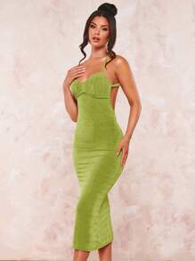 SHEIN BAE Đầm Lộ Lưng Hội Chữ thập Nếp gấp Phần Ngực màu trơn Gợi cảm - Màu xanh chanh - Xem 5