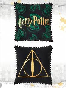 Harry Potter | ROMWE 1入組字母圖案靠墊套,休閒可水洗裝飾方形枕套 - 黑色 - 查看 2