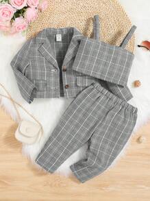 SHEIN 女嬰格紋印花西裝外套和吊帶上衣和褲子 - 黑與白 - 查看 1