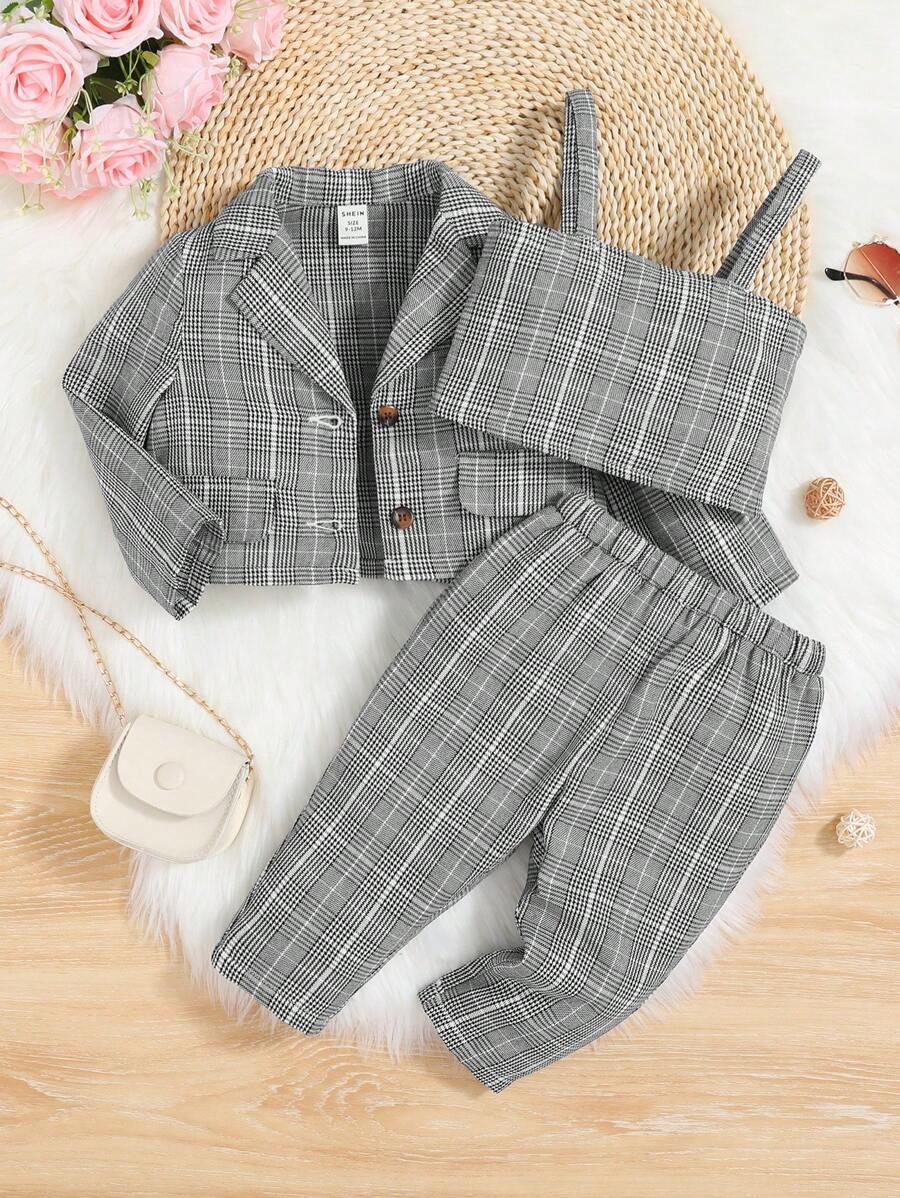 SHEIN 女嬰格紋印花西裝外套和吊帶上衣和褲子 - 黑與白 - 查看 1