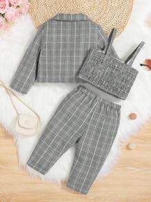SHEIN 女嬰格紋印花西裝外套和吊帶上衣和褲子 - 黑與白 - 查看 2