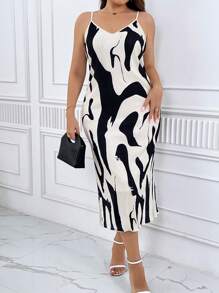 SHEIN Privé Hơn In Đồ họa Váy Dây - Đen và trắng - Xem 5