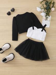 SHEIN 女嬰泡泡袖T恤&網紗覆蓋半身裙&吊帶上衣 - 黑與白 - 查看 2