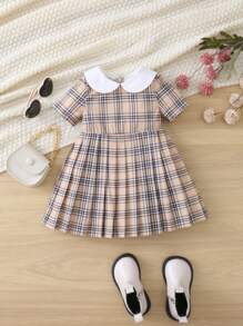 SHEIN Đứa bé gái In kẻ sọc Cổ tròn Viền xếp Đầm - Nhiều màu - Xem 1